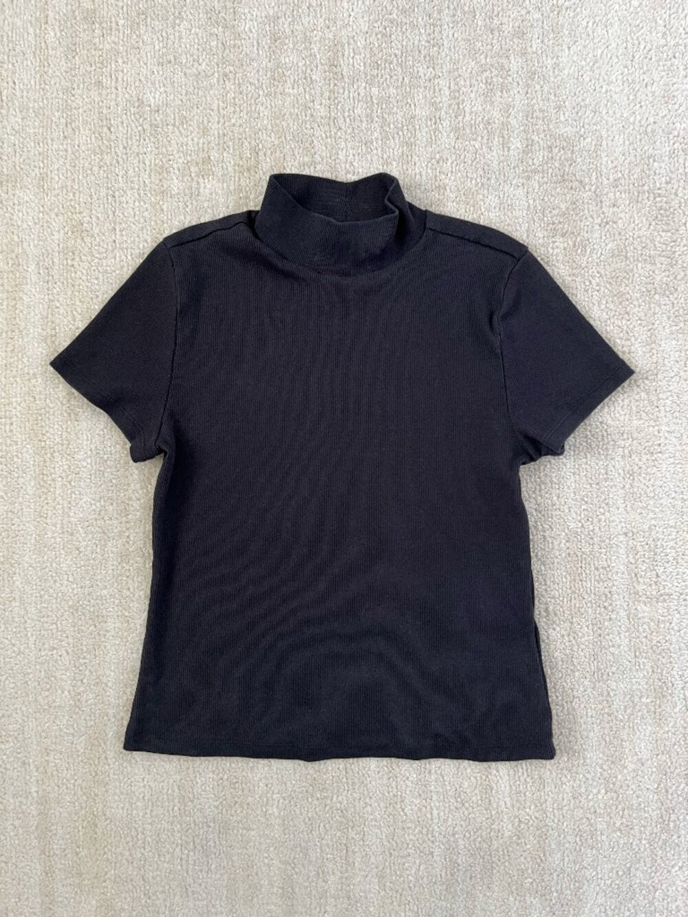 Anthropologie Maeve Black Ribbed Short Sleeve Mock Neck Knit Top Cotton M